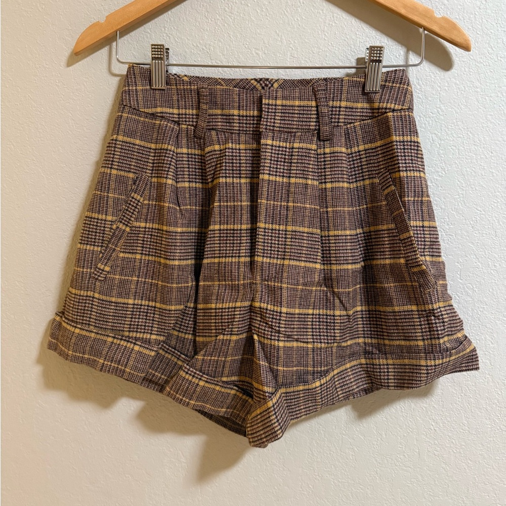 Aniye By Brown Yellow Plaid Wool Blend Pleated Shorts Size 40 (US 4-6)